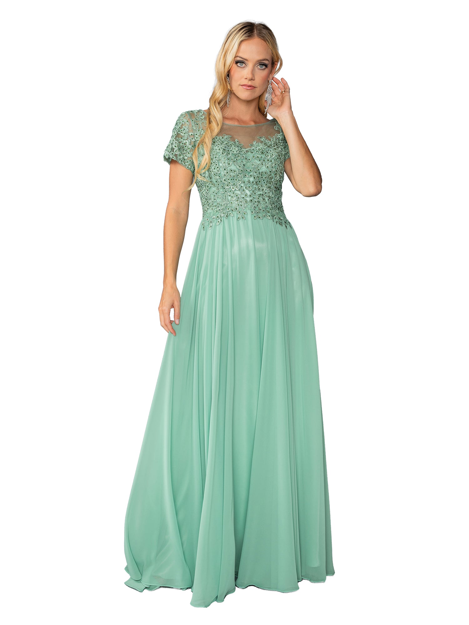 A woman stands against a white background wearing the Dancing Queen 4433, a short sleeve, light green, floor-length prom dress with an embellished bodice.
